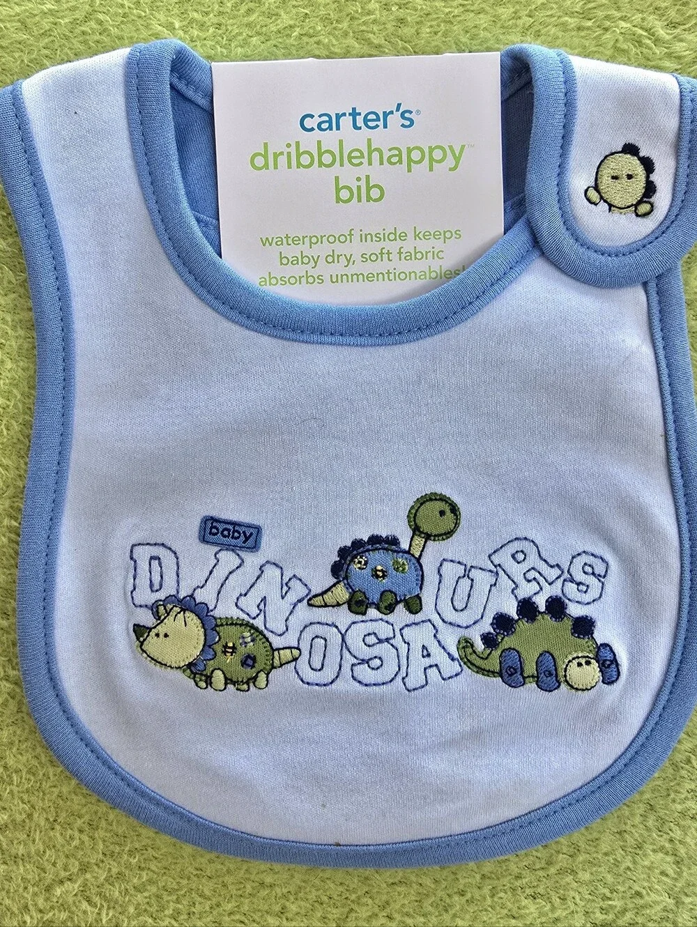 NWT  BOYS - Baby DINOSAURS BIB Carter's DRIBBLE-HAPPY BIB Blue & Green CUTE (Q8)